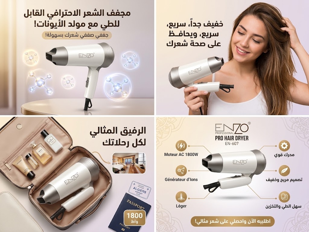 مجفف شعر احترافي 1800 واط قابل للطي للسفر والمنازل - ENZO EN-607