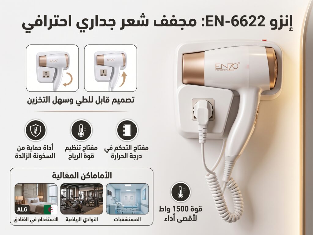 مجفف شعر جداري احترافي 1500 واط للمنازل والفنادق - ENZO EN-6622